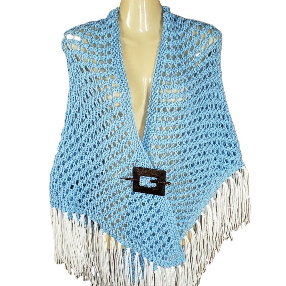 NEW Light Blue Eyelet‎ Hand Knitted Shawl Wrap Scarf Knit Boho Hippie Fringe